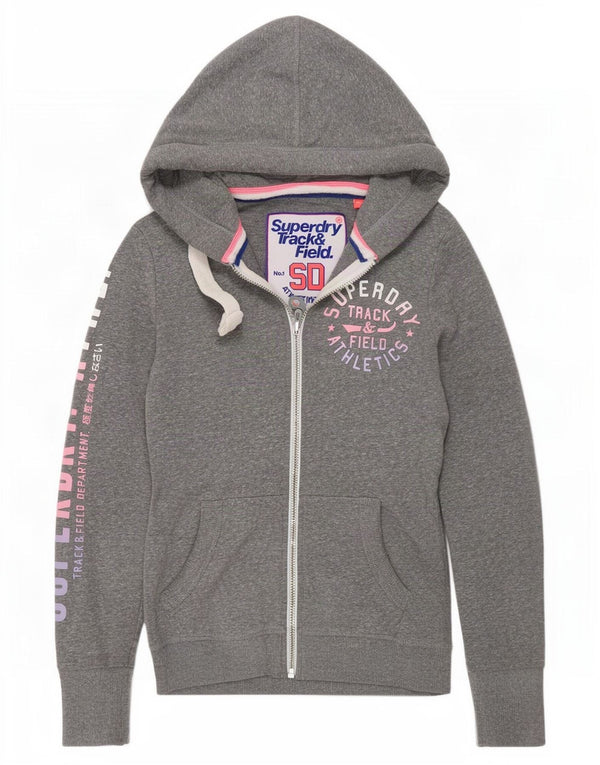Superdry Womens Graphic Zip Hoodie Sweater UK 10 Small Grey Flecked