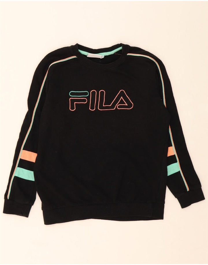FILA Womens Graphic Sweatshirt Jumper UK 8 Small Black Colourblock Vintage Fila and Second-Hand Fila from Messina Hembry 