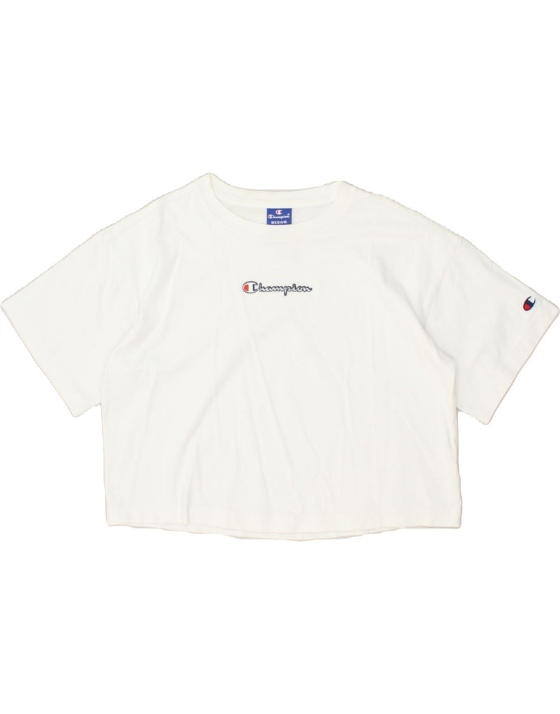 CHAMPION Womens Crop Graphic T-Shirt Top UK 14 Medium White Cotton | Vintage Champion | Thrift | Second-Hand Champion | Used Clothing | Messina Hembry 