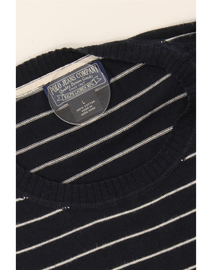 RALPH LAUREN Mens Crew Neck Jumper Sweater Large Navy Blue Pinstripe Vintage Ralph Lauren and Second-Hand Ralph Lauren from Messina Hembry 