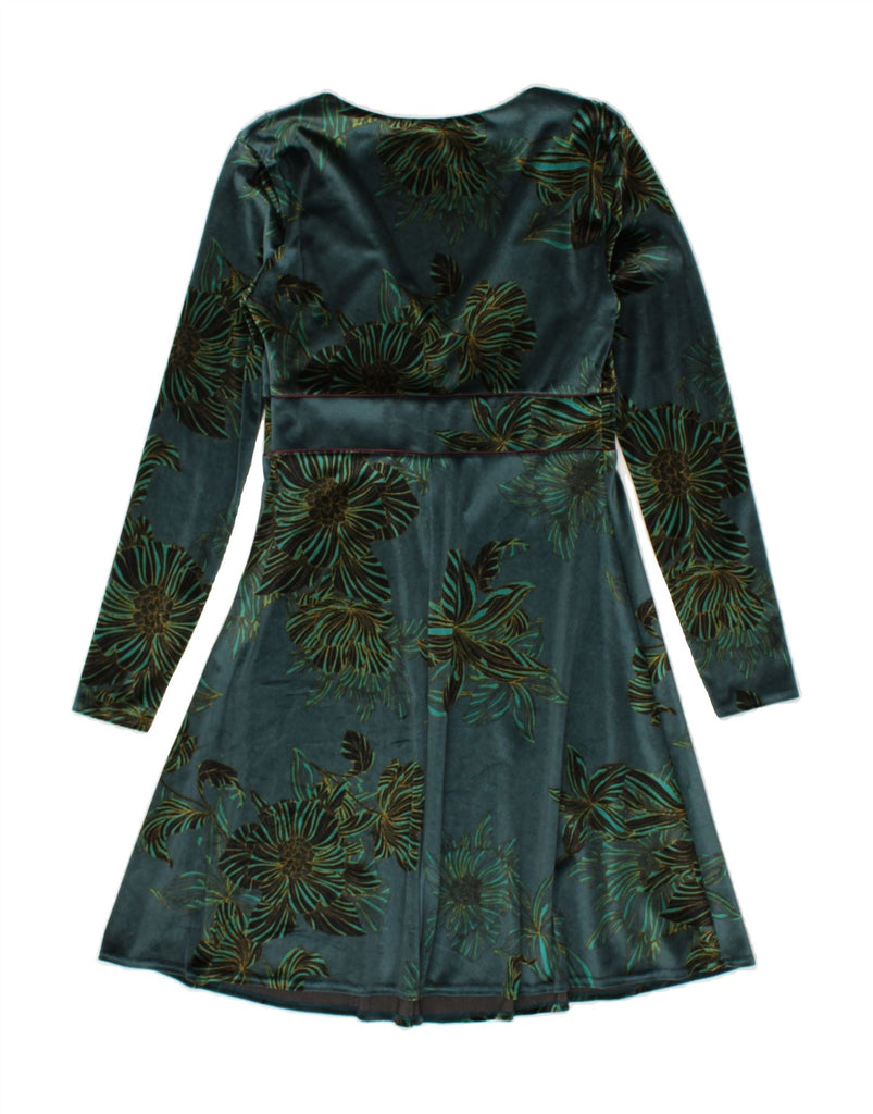 SISLEY Womens Velvet Long Sleeve A-Line Dress UK 8 Small Green Floral | Vintage Sisley | Thrift | Second-Hand Sisley | Used Clothing | Messina Hembry 