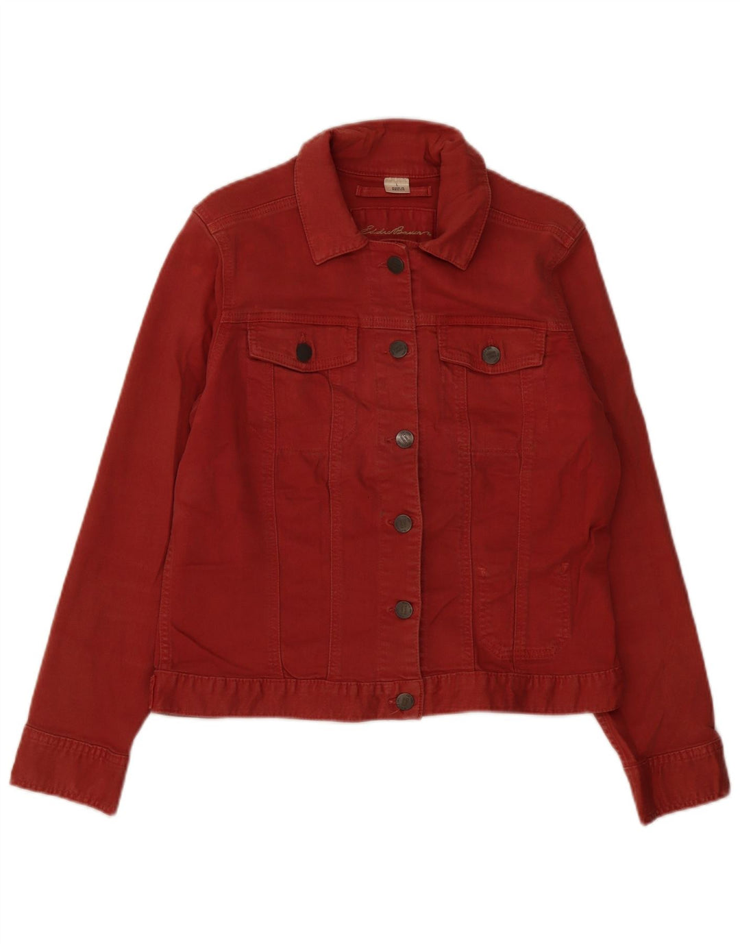 EDDIE BAUER Womens Denim Jacket UK 16 Large Red Cotton