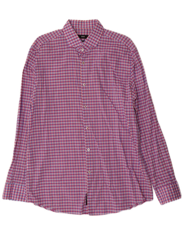 Hugo Boss Mens Slim Fit Shirt Size 43 17 XL Purple Check Cotton