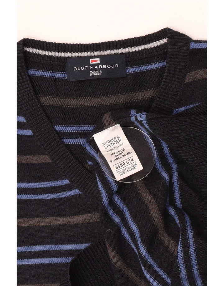 Marks & Spencer Mens V-Neck Jumper Sweater Medium Navy Blue Striped Acrylic