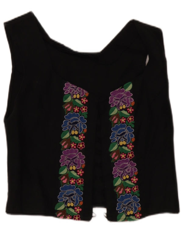 Vintage Womens Crop Sleeveless Cardigan Top UK 8 Small Black Floral