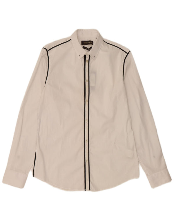 Trussardi Mens Shirt Size 40 Medium White Striped Cotton
