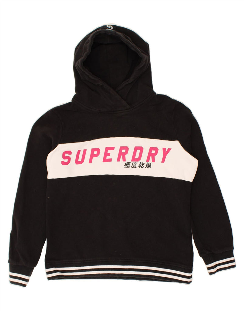 SUPERDRY Womens Graphic Hoodie Jumper UK 16 Large Black Colourblock Cotton | Vintage Superdry | Thrift | Second-Hand Superdry | Used Clothing | Messina Hembry 