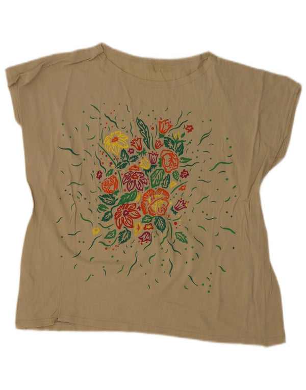 Vintage Womens Graphic T-Shirt Top UK 16 Large Khaki Floral Cotton