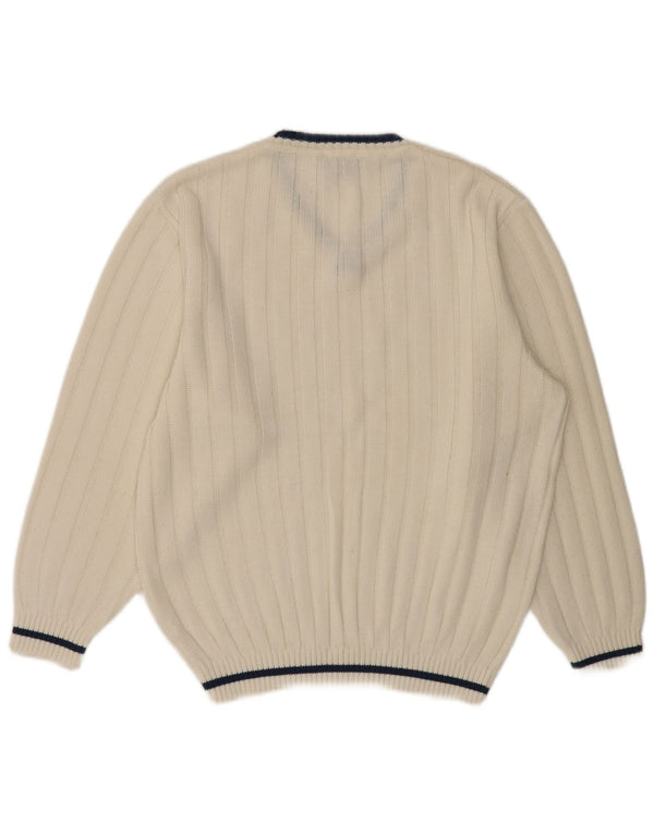 VINTAGE Mens V-Neck Jumper Sweater UK 40/42 Medium White Polyacrylic