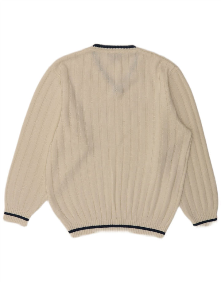 VINTAGE Mens V-Neck Jumper Sweater UK 40/42 Medium White Polyacrylic