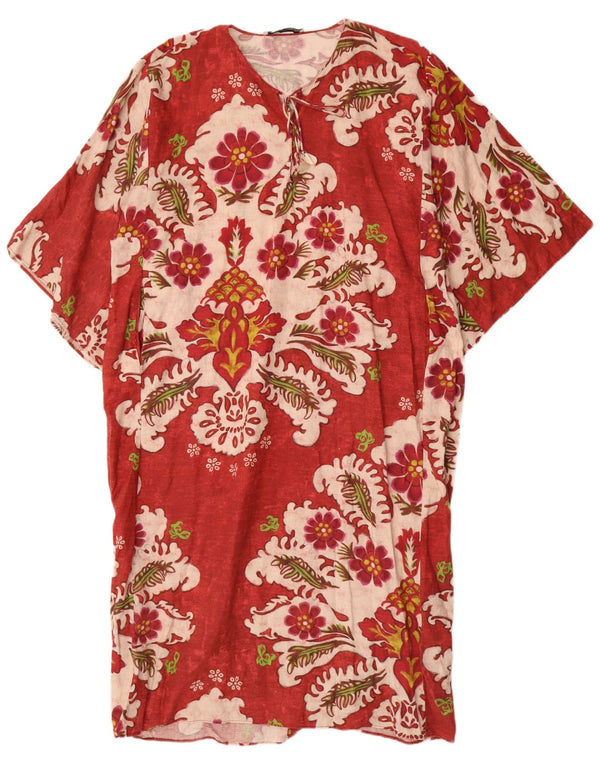 Zara Womens Oversized Batwing Kaftan Dress UK 6 XS Red Floral Linen