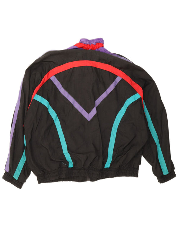 Vintage Mens Loose Fit Tracksuit Top Jacket  Large Black Colourblock Nylon