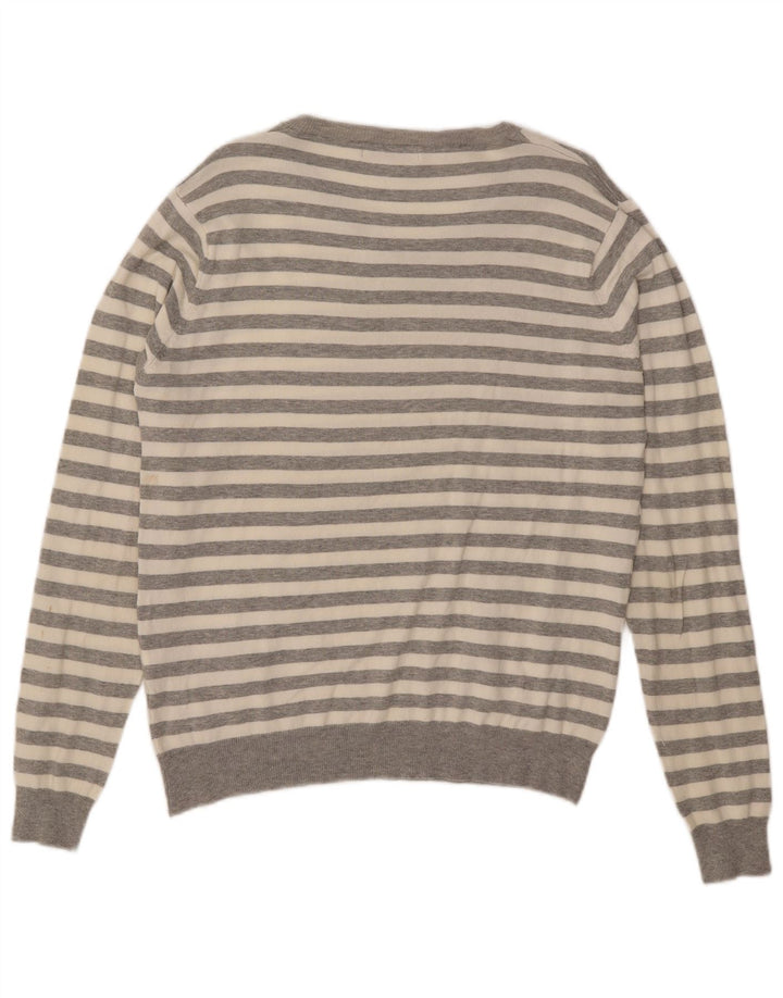 Zara Mens V-Neck Jumper Sweater Large Grey Striped Cotton