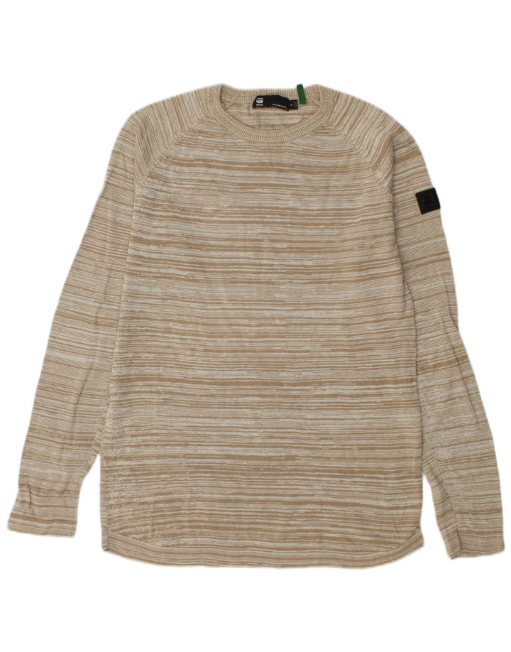 G-Star Mens Crew Neck Jumper Sweater Small Beige Striped Cotton