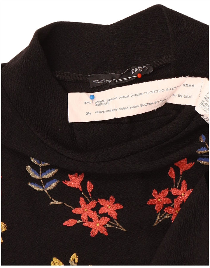 Zara Womens Long Sleeve Shift Dress UK 10 Small Black Floral Polyester