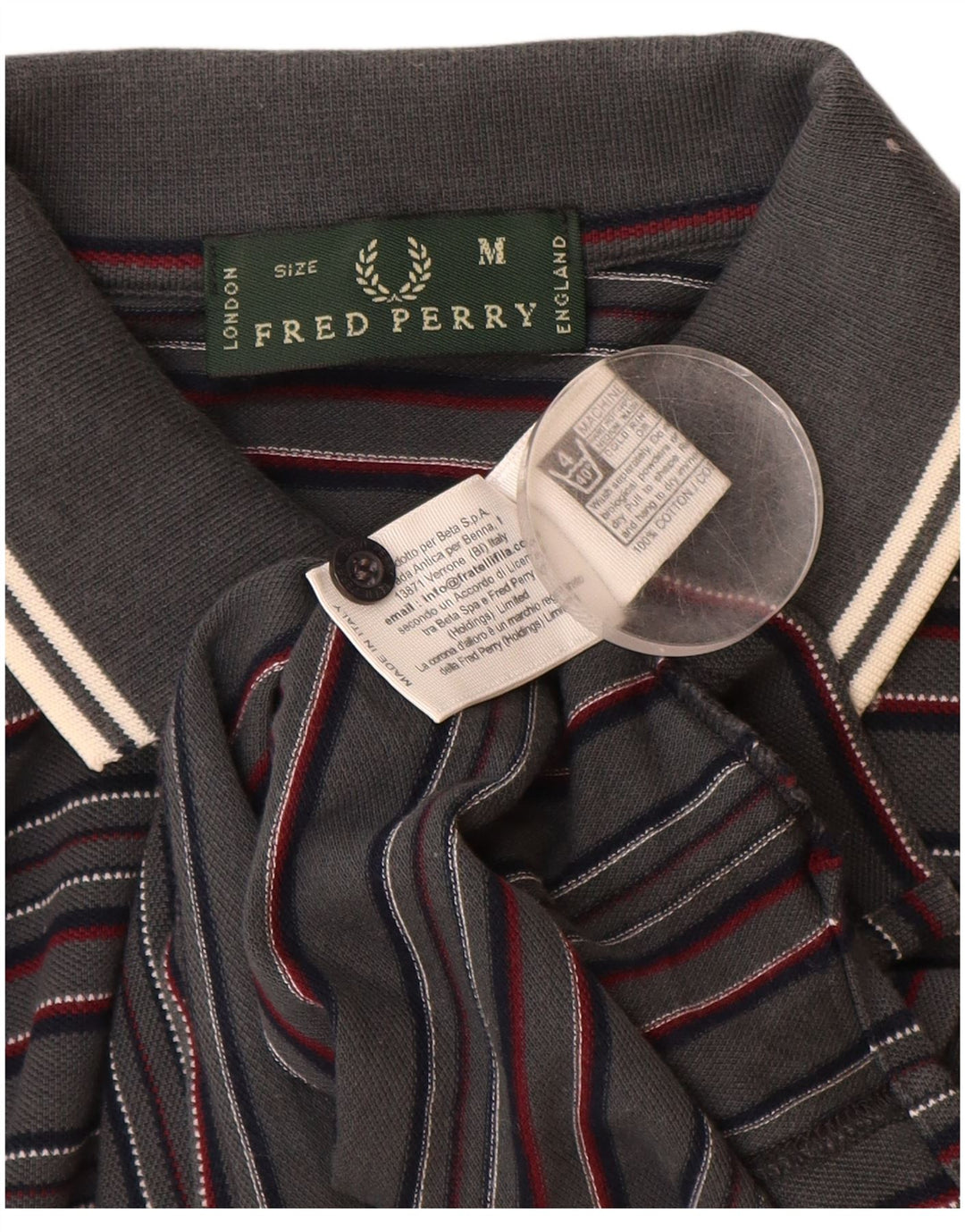 FRED PERRY Mens Long Sleeve Polo Shirt Medium Grey Striped Cotton