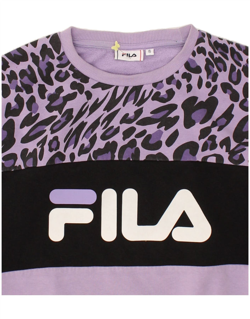 FILA Womens Graphic Sweatshirt Jumper UK 10 Small Purple Animal Print | Vintage Fila | Thrift | Second-Hand Fila | Used Clothing | Messina Hembry 