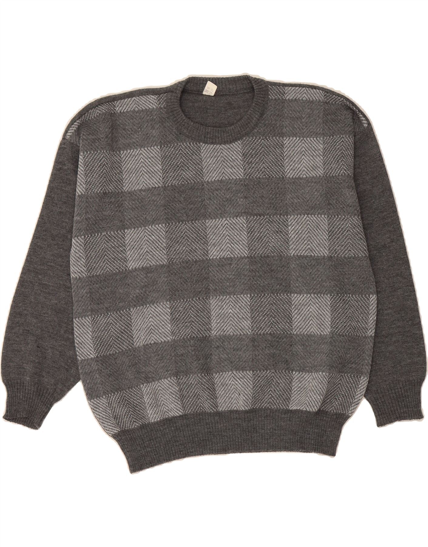 VINTAGE Herren Rundhalspullover XL Grau Kariert Polyacryl