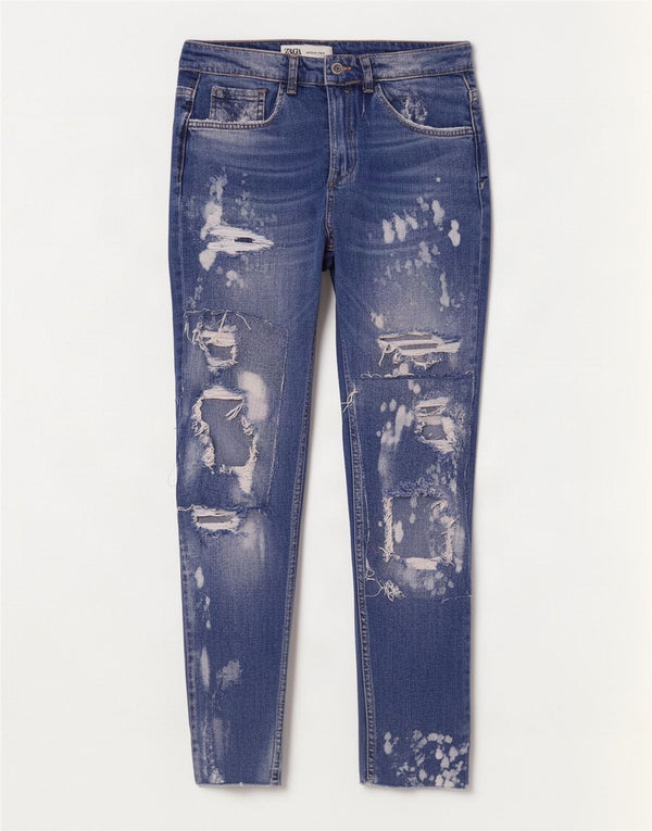 Zara Mens Crop Distressed Skinny Jeans EU 40 Medium W31 L26 Blue Cotton