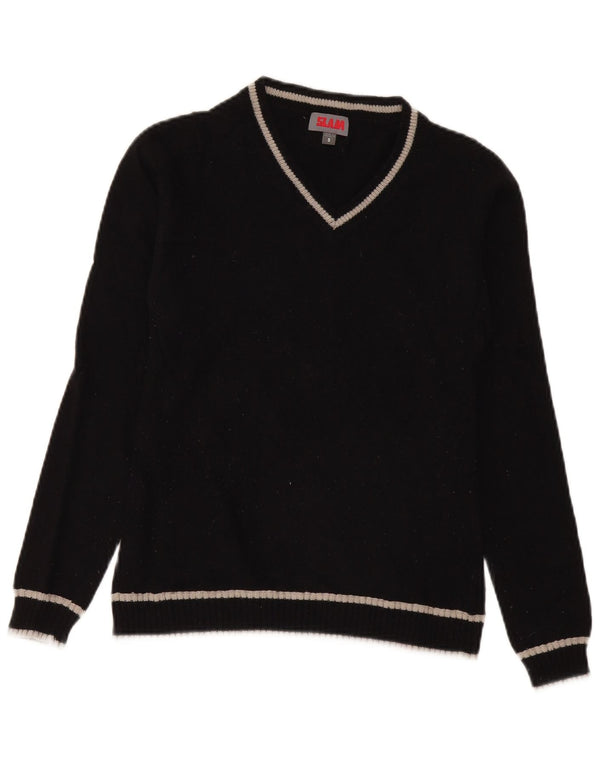 Slam Womens V-Neck Jumper Sweater UK 10 Small Black Striped Merino Wool