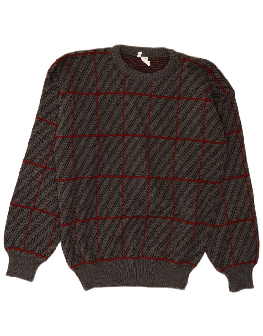 Vintage Mens Crew Neck Jumper Sweater IT 50 Medium Grey Plaid Acrylic