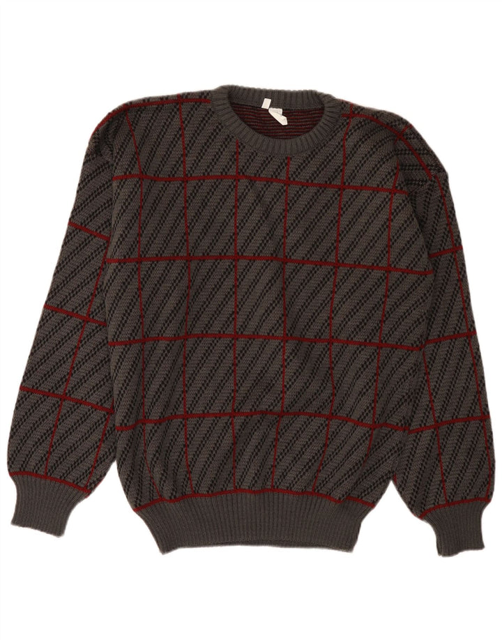 Vintage Mens Crew Neck Jumper Sweater IT 50 Medium Grey Plaid Acrylic
