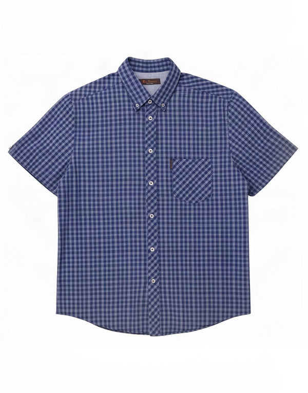 Ben Sherman Mens Short Sleeve Shirt XL Blue Gingham Cotton