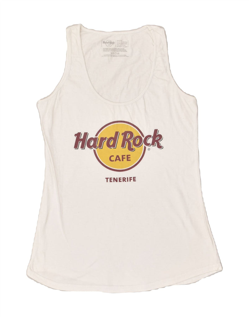 HARD ROCK CAFE Womens Tenerife Graphic Vest Top UK 12 Medium White Cotton | Vintage Hard Rock Cafe | Thrift | Second-Hand Hard Rock Cafe | Used Clothing | Messina Hembry 