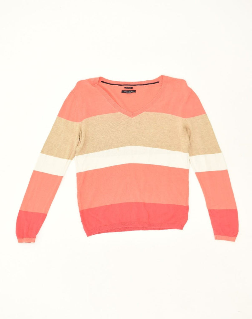 TOMMY HILFIGER Womens V-Neck Jumper Sweater UK 8 Small Pink Colourblock | Vintage Tommy Hilfiger | Thrift | Second-Hand Tommy Hilfiger | Used Clothing | Messina Hembry 