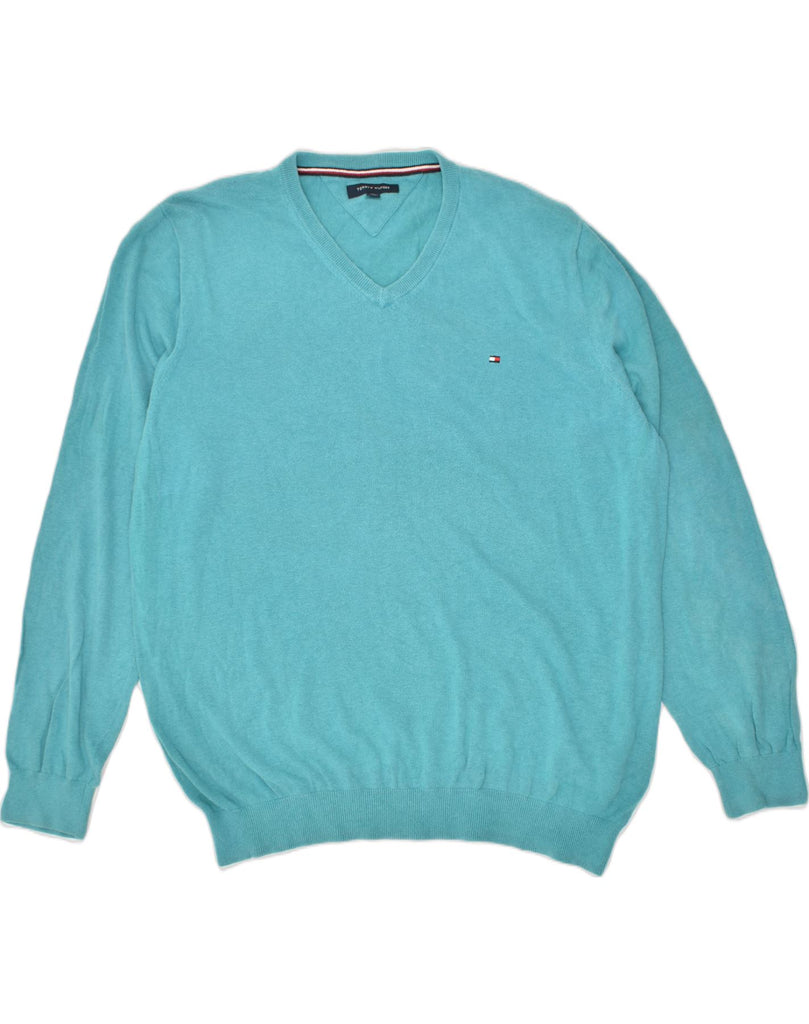 TOMMY HILFIGER Mens V-Neck Jumper Sweater 2XL Turquoise Cotton | Vintage Tommy Hilfiger | Thrift | Second-Hand Tommy Hilfiger | Used Clothing | Messina Hembry 