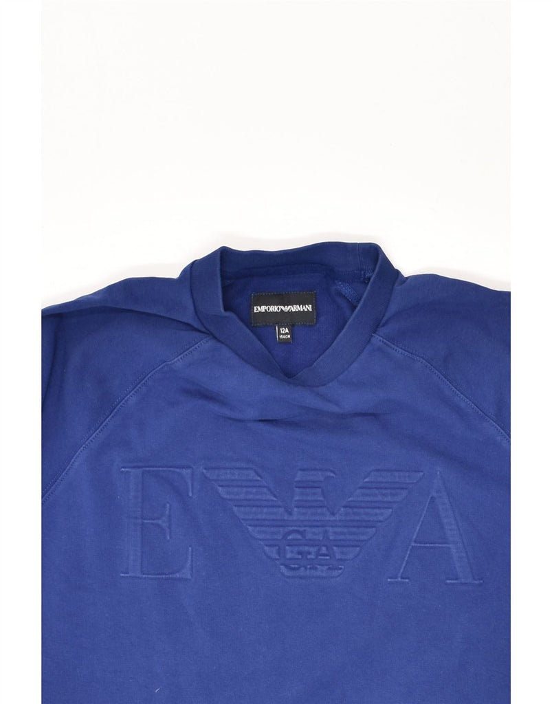 EMPORIO ARMANI Boys Graphic Sweatshirt Jumper 11-12 Years Blue Cotton | Vintage Emporio Armani | Thrift | Second-Hand Emporio Armani | Used Clothing | Messina Hembry 