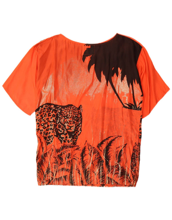 Vintage Womens Graphic Oversized Blouse Top UK 10 Small Orange Silk