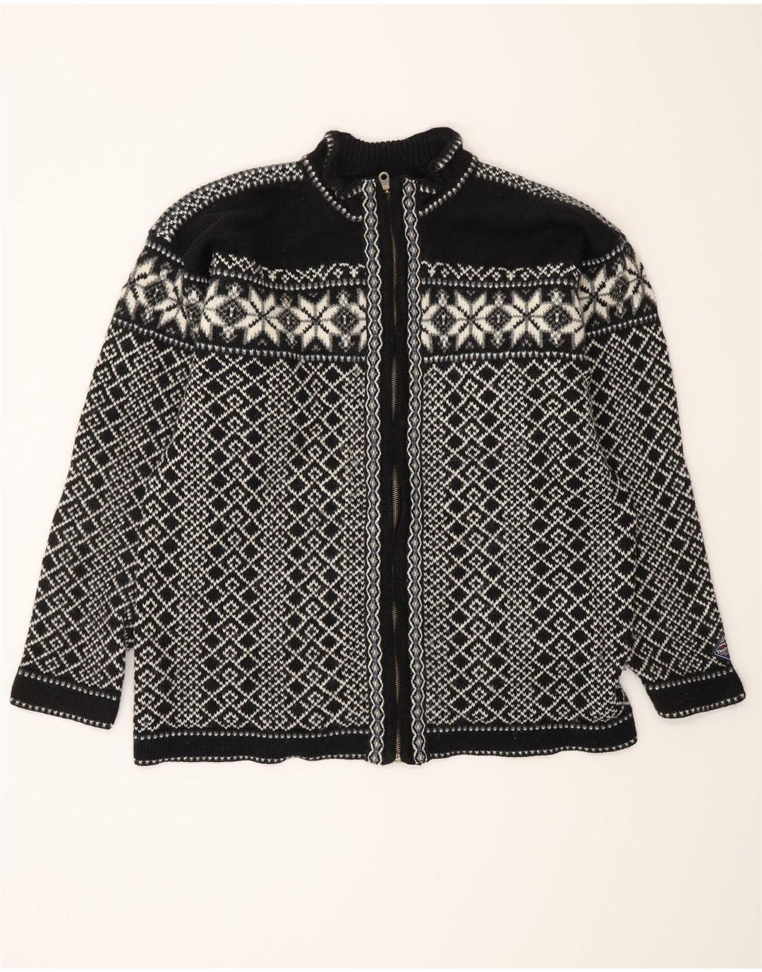 VINTAGE Mens Cardigan Sweater Large Black Fair Isle