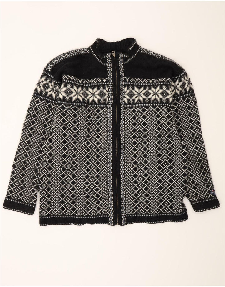 VINTAGE Mens Cardigan Sweater Large Black Fair Isle