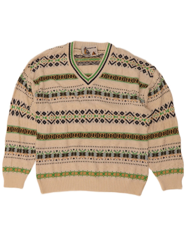Vintage Mens V-Neck Jumper Sweater Medium White Geometric Cotton