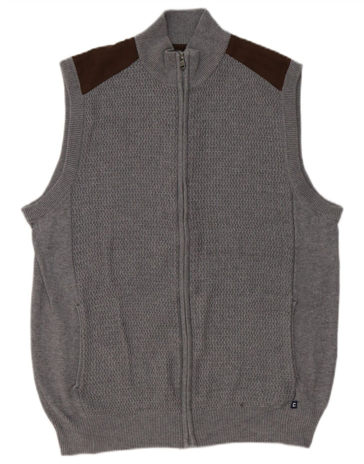 Chaps Mens Sleeveless Cardigan Sweater Medium Grey Colourblock Cotton