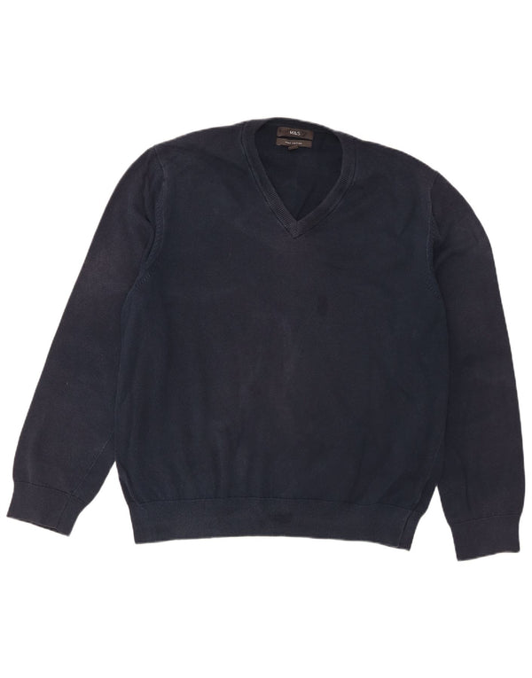 Marks & Spencer Mens V-Neck Jumper Sweater XL Navy Blue Cotton