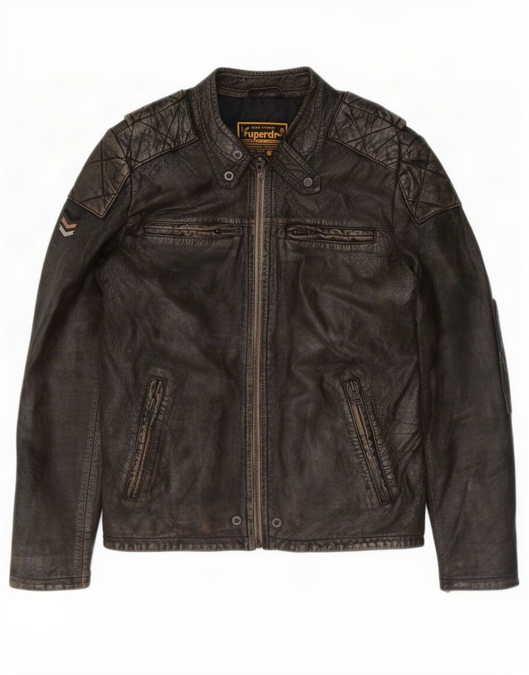 Superdry Mens Motorstyle Leather Jacket UK 40 Large Brown