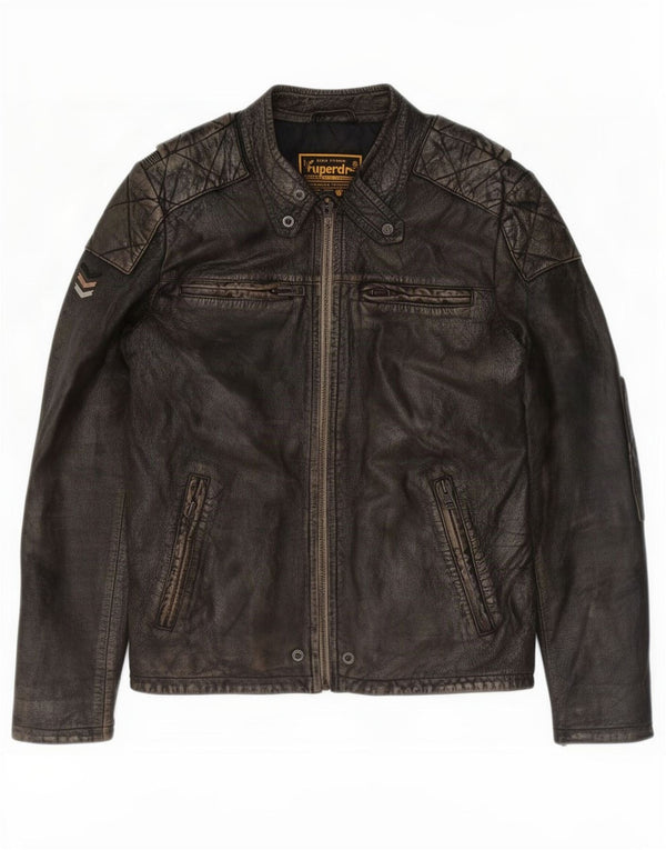 Superdry Mens Motorstyle Leather Jacket UK 40 Large Brown