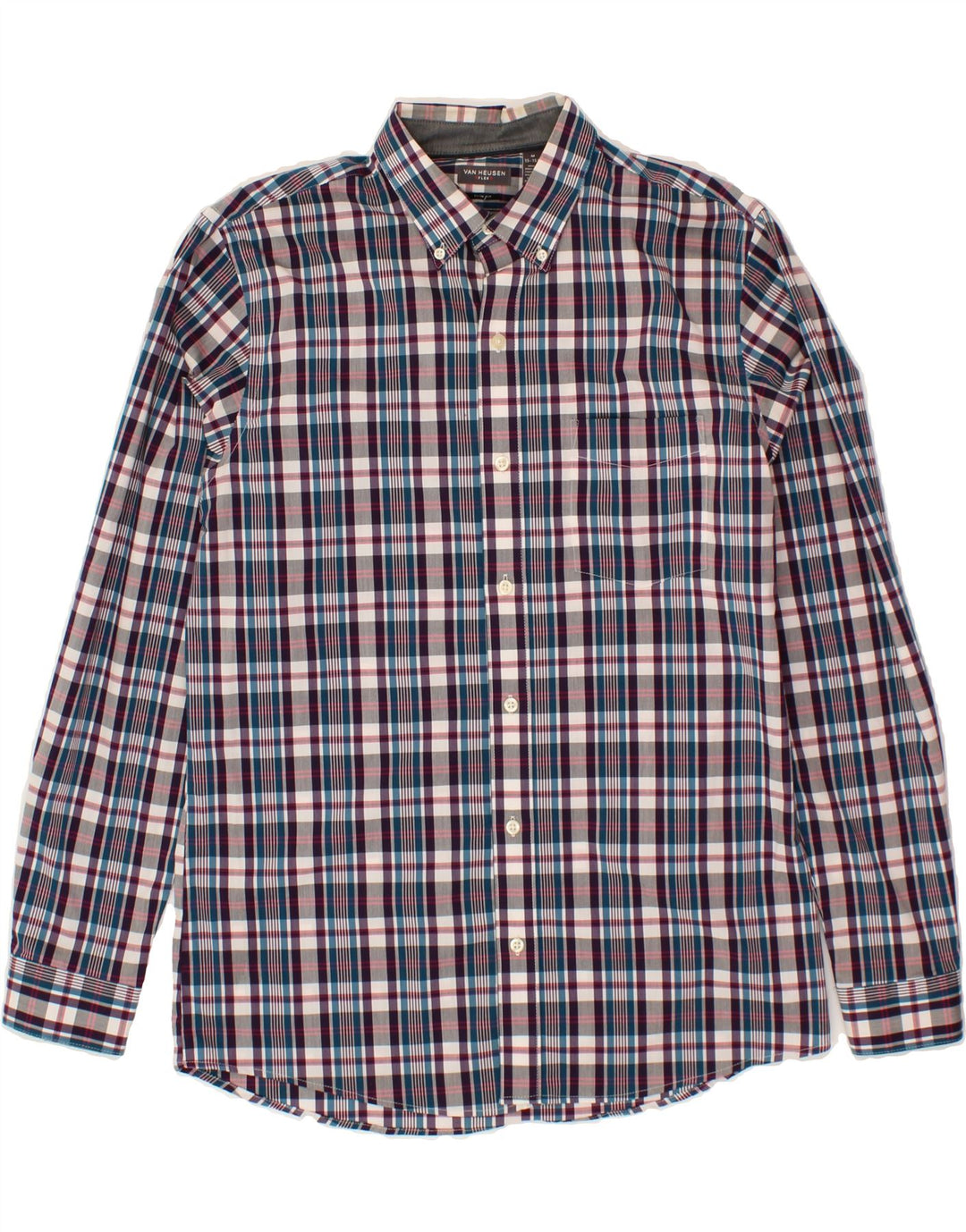 VAN HEUSEN Mens Flex Slim Fit Shirt Size 15 1/2 Medium Burgundy Check Vintage Van Heusen and Second-Hand Van Heusen from Messina Hembry 