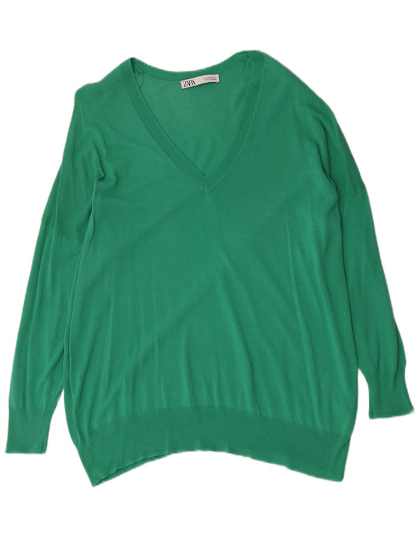 Zara Womens Oversized V-Neck Jumper Sweater UK 14 Medium Green Cotton