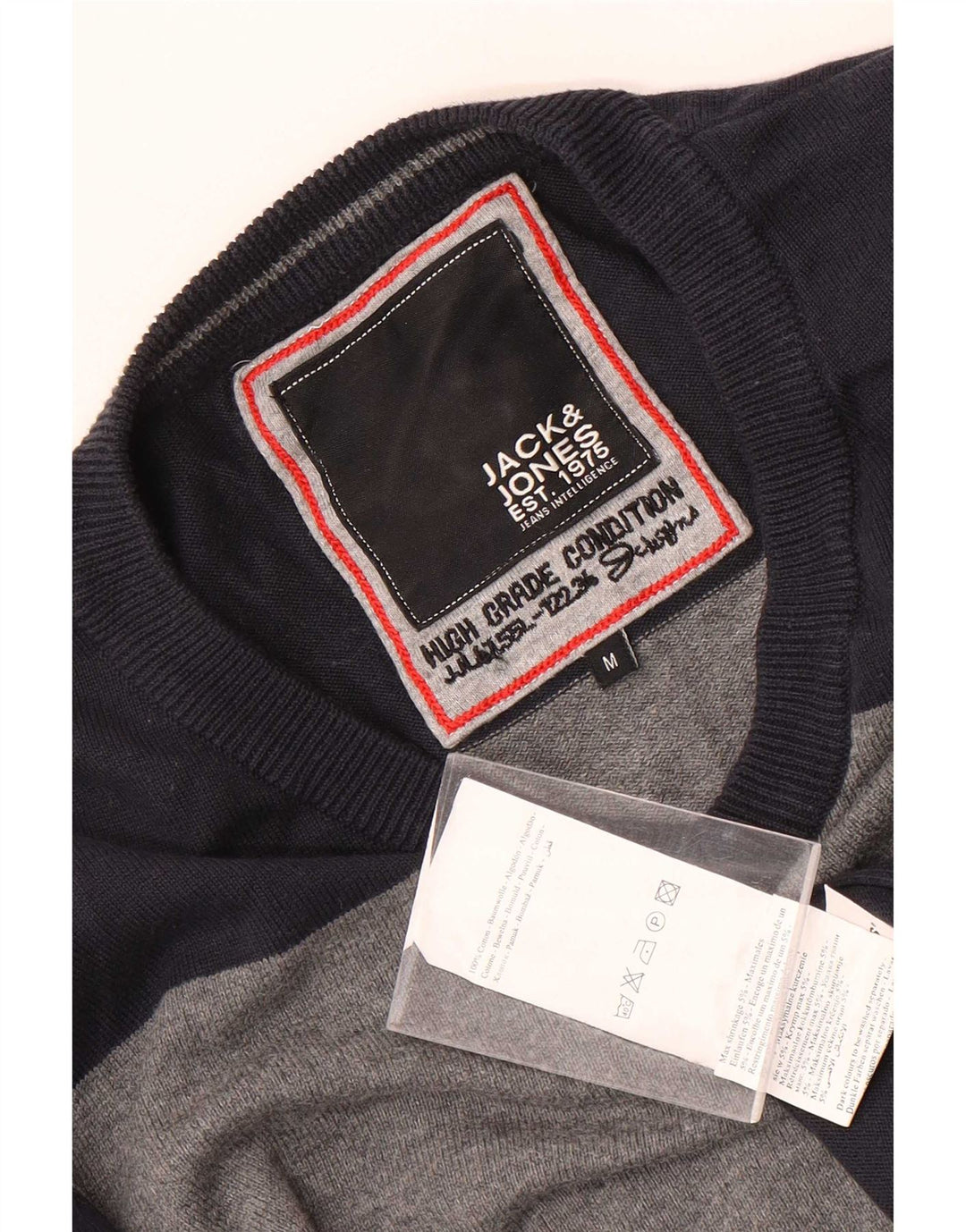 Jack & Jones Mens V-Neck Jumper Sweater Medium Navy Blue Colourblock Cotton