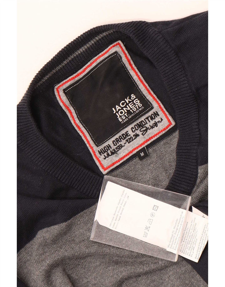Jack & Jones Mens V-Neck Jumper Sweater Medium Navy Blue Colourblock Cotton