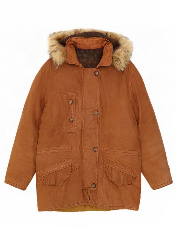 Vintage Womens Hooded Leather Coat UK 14 Large Brown