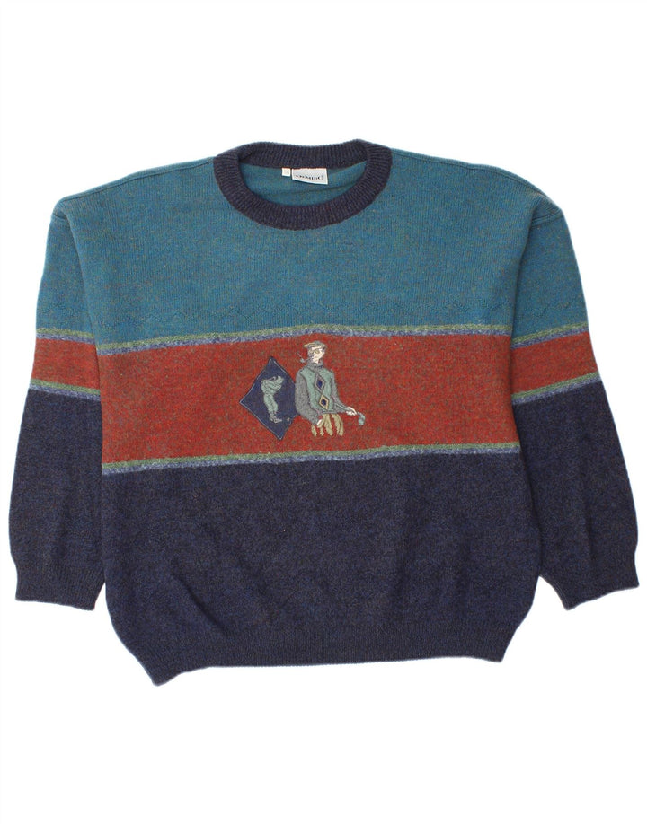 Demiro Mens Graphic Crew Neck Jumper Sweater IT 50 Medium Blue Colourblock