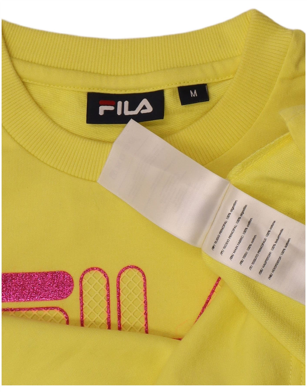 Fila Womens Crop Graphic Top Long Sleeve UK 14 Medium Yellow Cotton