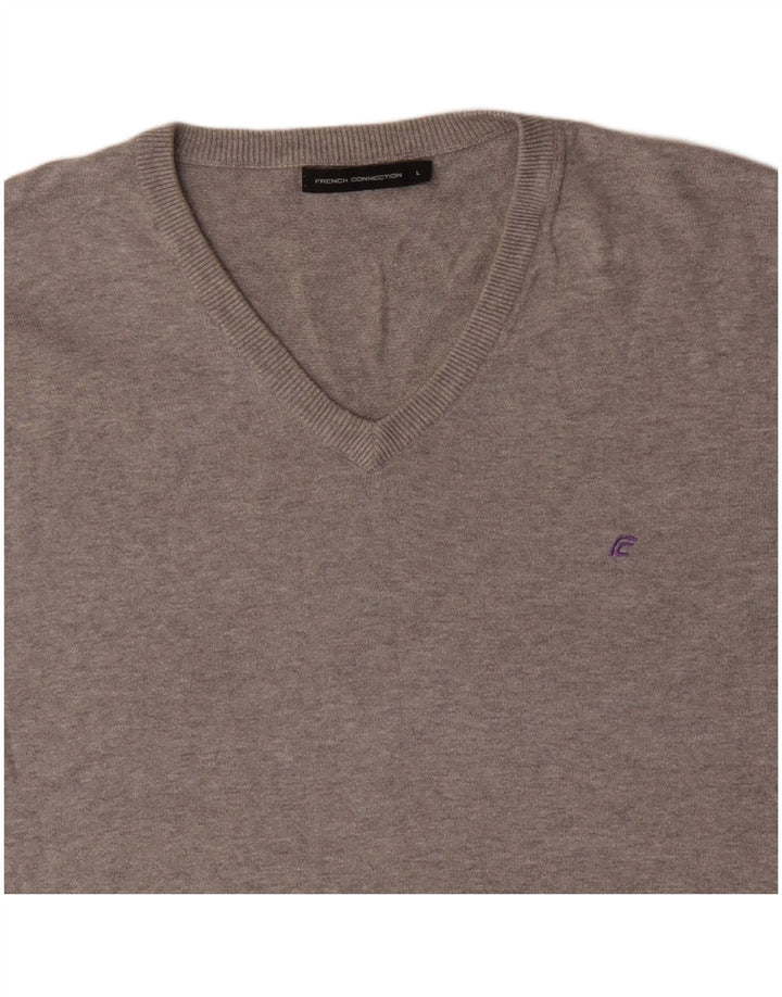 FRENCH CONNECTION Mens V-Neck Jumper Sweater Large Grey Flecked Cotton