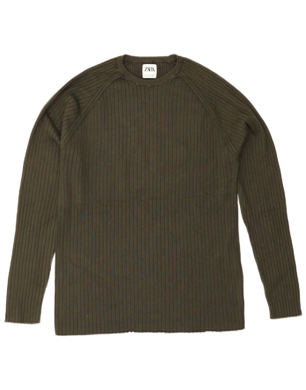 Zara Mens Crew Neck Jumper Sweater Medium Khaki Viscose