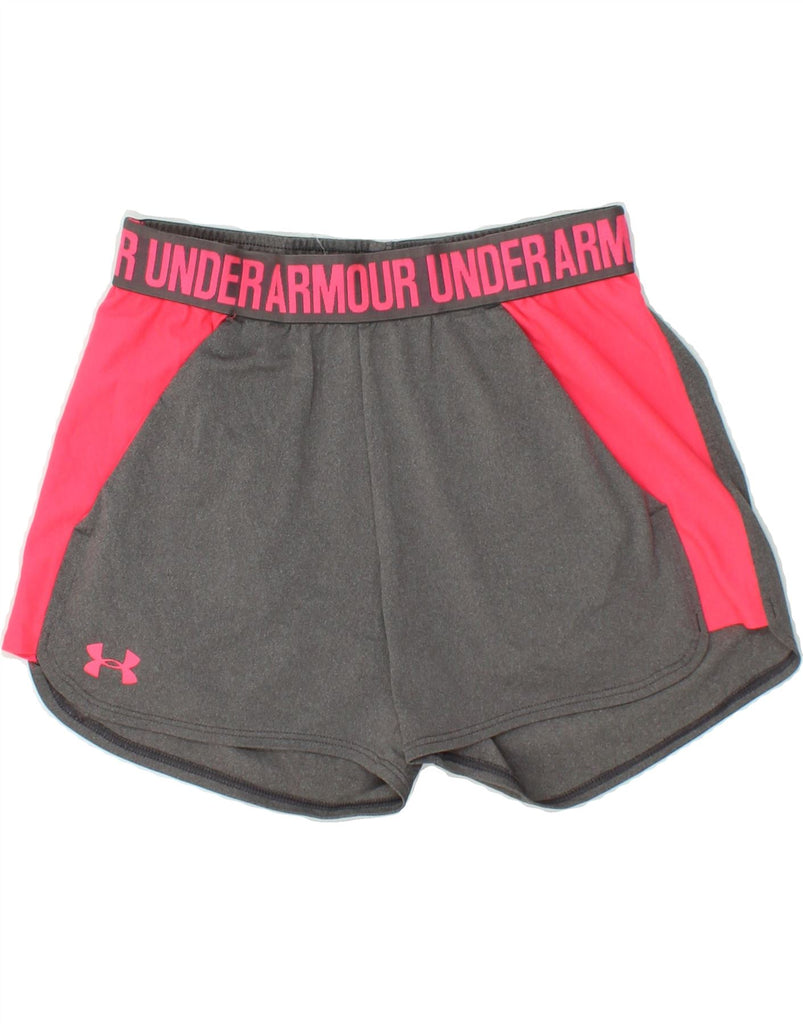 UNDER ARMOUR Womens Graphic Sport Shorts UK 8 Small Grey Colourblock | Vintage Under Armour | Thrift | Second-Hand Under Armour | Used Clothing | Messina Hembry 