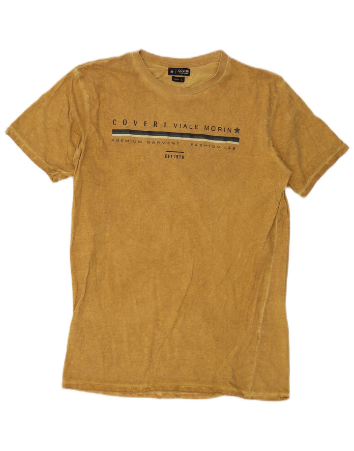 COVERI Mens Graphic T-Shirt Top Large Yellow Cotton